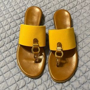 Women’s sandals with gold and mustard accents, Italian made, size 7.5